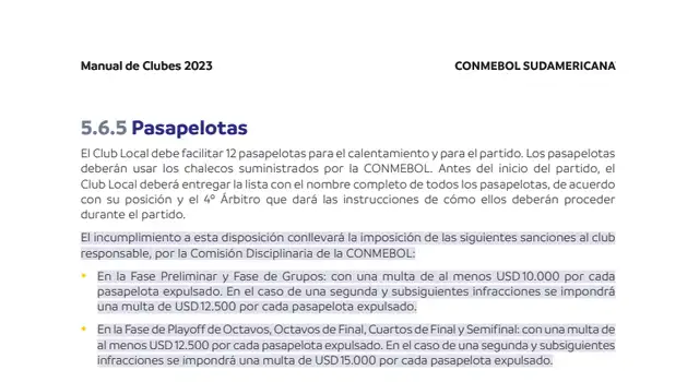 Punto sobre los pasapelotas y los requisitos que se deben cumplir. Foto: Manual de Clubes de la Conmebol Sudamericana 2023 Punto sobre los pasapelotas y los requisitos que se deben cumplir. Foto: Manual de Clubes de la Conmebol Sudamericana 2023