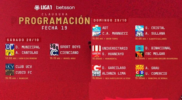 Programación fecha 19 del Torneo Clausura 2023. <strong>Foto: Liga 1</strong>   