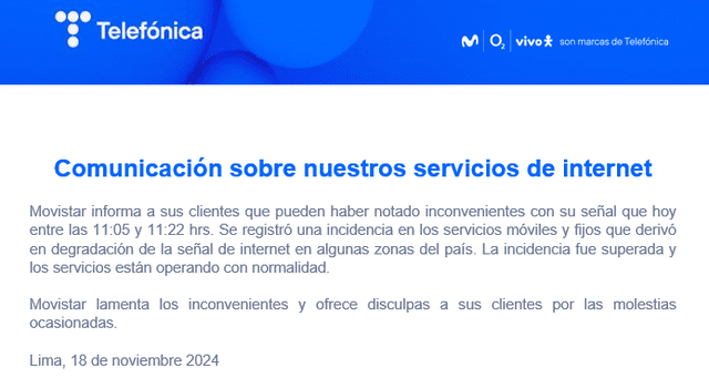  Comunicado de Telefónica. Foto: Movistar 