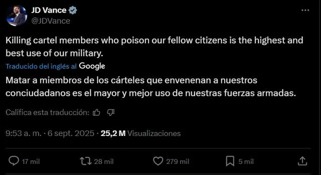  Publicación de JD Vance. Fuente: X   