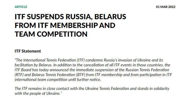 Comunicado de la ITF anunciando la suspensión a Rusia y Bielorrusia. Foto: ITF