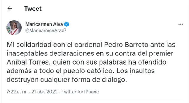 La presidenta del Congreso, María del Carmen Alva, se pronunció a través de su cuenta de Twitter.