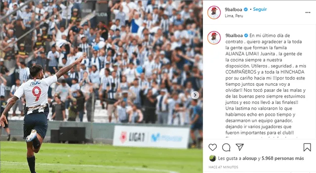 Alianza Lima: Adrián Balboa se despide en Instagram con mensaje dirigido a dirigentes y Universitario