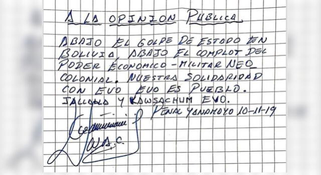 Carta escrita por Walter Aduviri para el expresidente de Bolivia, Evo Morales.