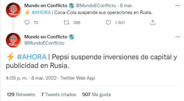 Coca Cola y Pepsi, los grandes competidores en su área, tomaron la misma decisión casi en simultáneo. Foto: @MundoEConflicto/Twitter