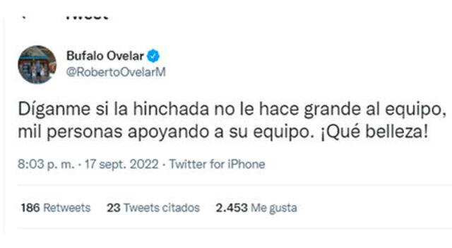 Publicación de Roberto Ovelar en su cuenta de Twitter