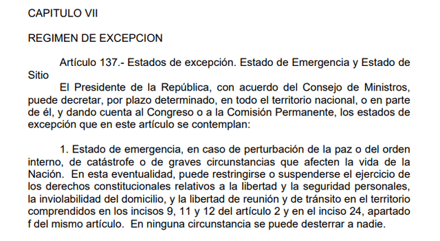 Constitución Política del Perú artículo 137: Estado de emergencia.