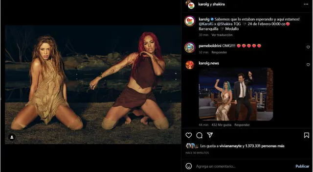  Primera imagen oficial de tema de Shakira y Karol G. Foto: captura Instagram   