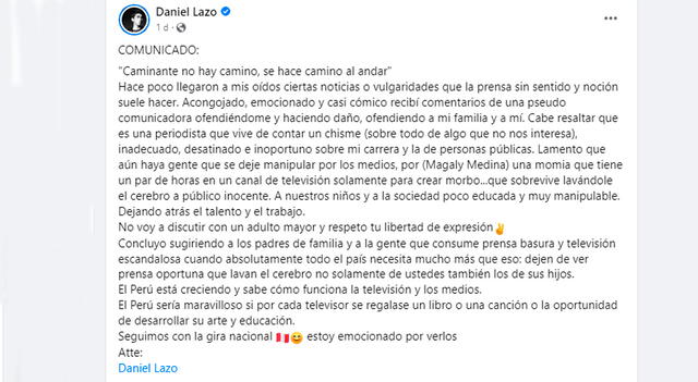  Daniel Lazo habla sobre el trabajo de Magaly Medina. Foto: Facebook   