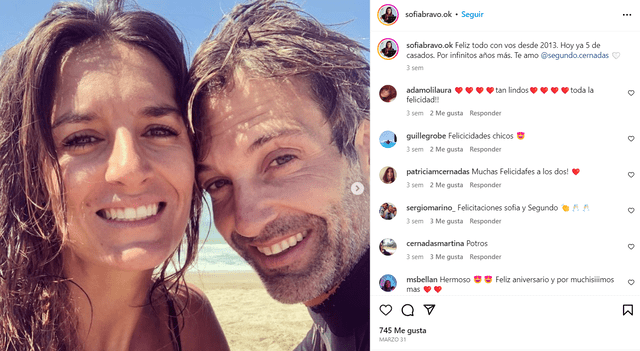 Segundo Cernardas y Sofía Bravo cumplieron cinco años de matrimonio. Foto: captura de Instagram/Sofía Bravo   