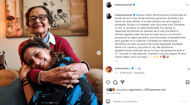 Melania Urbina comunicó fallecimiento de su madre. Foto: Instagram   