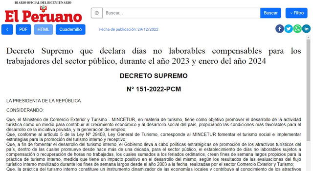  El primer día no laborable del 2024 es el 2 de enero. Foto: captura/El Peruano    