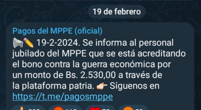 Anuncio del Bono de Guerra para los jubilados del MPPE en febrero de 2024. Foto: Pagos MPPE   