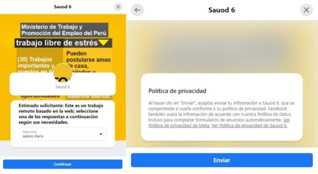 <em> Ventanas que aparecen al pedir más información sobre la supuesta oferta laboral. Foto: captura de Facebook</em>   