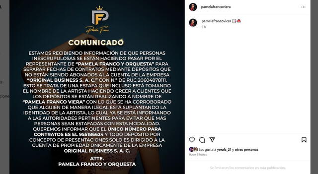  Comunicado de Pamela Franco sobre la estafa en su contra. Foto: Pamela Franco/Instagram   