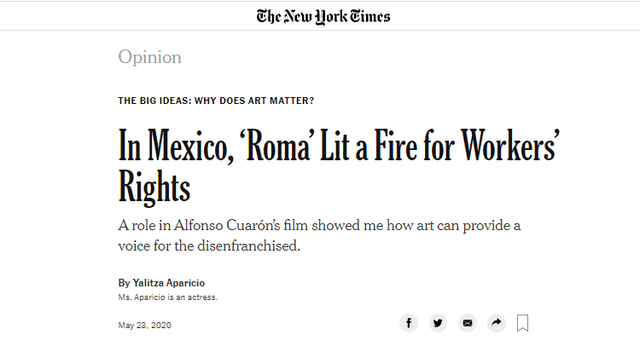 La columna que escribió Yalitza Aparicio en el periódico The New York Times se titula "En México, 'Roma' encendió un fuego por los derechos de los trabajadores".