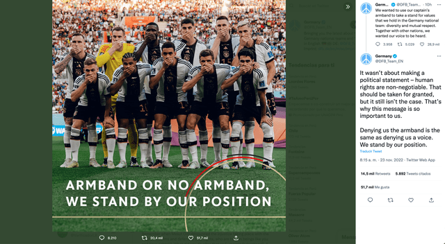 Publicación de la selección de Alemania en Twitter antes del partido contra Japón. Foto: captura LR/Twitter.