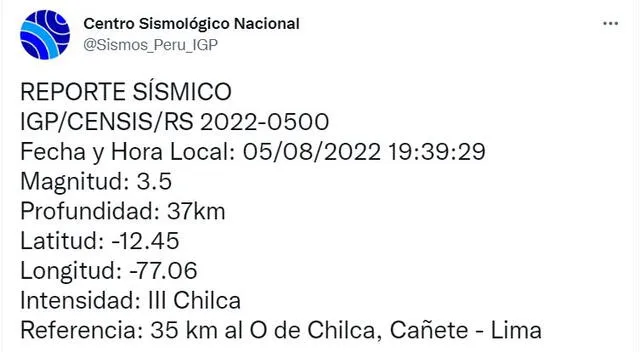 Datos del sismo en Chilca. Foto: captura Twitter IGP