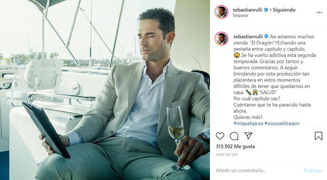 La publicación de Sebastián Rulli en Instagram, agradeciendo los buenos comentarios que recibe por El Dragón.