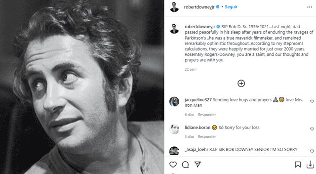 Robert Downey Jr. Se despidió de su padre Robert Downey Sr. en redes sociales. Foto: Robert Downey Jr. /Instagram.