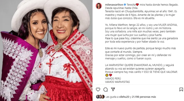 Milena Warthon se muestra orgullosa de su abuelita Teresa. Foto: Instagram   