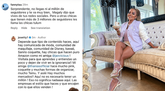  Josetty Hurtado sale a defender su estilo de vida como influencer. Foto: Instagram    