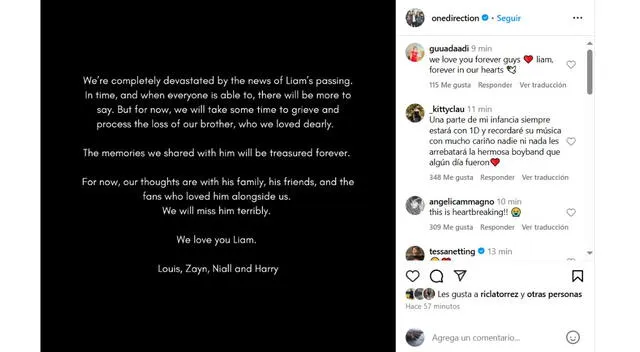  One Direction se pronuncia sobre la muerte de Liam Payne.    