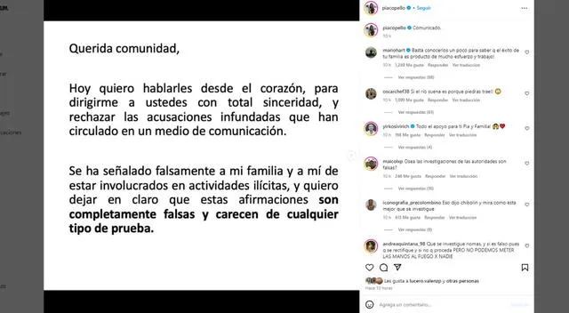  Comunicado de María Pía Copello. Foto: Instagram   