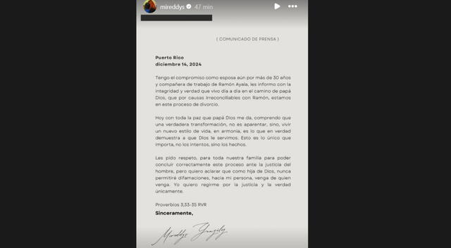  Comunicado de Mireddys González. Foto: Instagram   