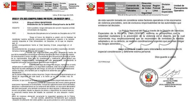  PNP pide reconsiderar la sanción a Universitario. Foto: PNP 