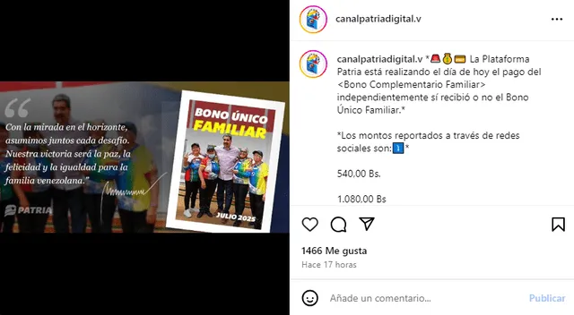 Información del Canal Patria Digital sobre el bono Complementario Familiar. Foto: Canal Patria Digital/IG Información del Canal Patria Digital sobre el bono Complementario Familiar. Foto: Canal Patria Digital/IG