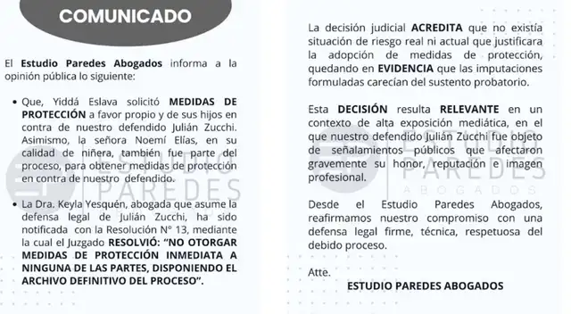Juzgado rechaza las medidas de protección solicitadas por Yiddá Eslava contra Julián Zucchi.