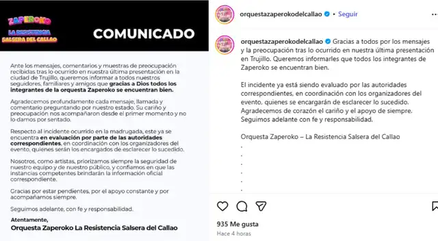 Comunicado de orquesta Zaperoko tras incidente.