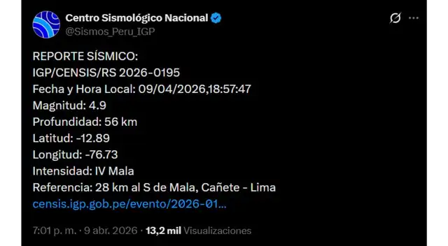 Reporte del temblor según el IGP. Foto: X  