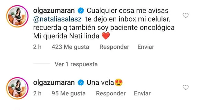 6.9.2022 | Comentario de Olga Zumarán en apoyo de Natalia Salas. Foto: captura Instagram