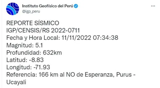 Sismo en Ucayali hoy, 11 de noviembre