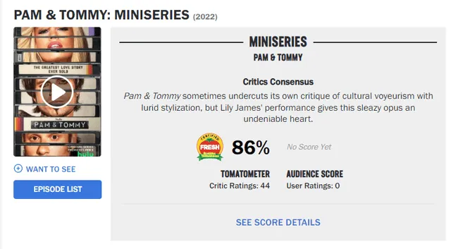 Puntaje de Pam & Tommy en Rotten Tomatoes. Foto: captura Rotten Tomatoes