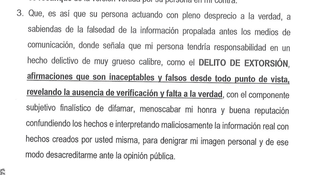 Parte de la Carta Notarial de Susy Díaz a Monique Pardo. Foto: Archivo GLR   