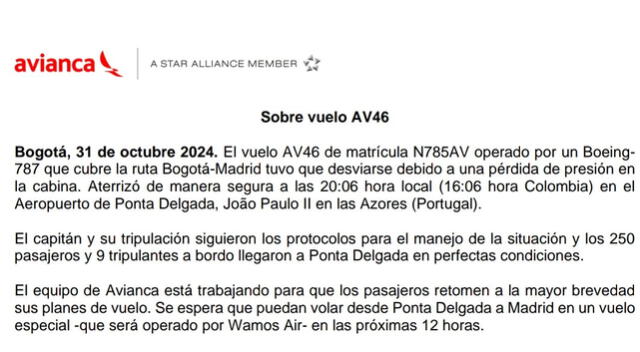  Comunicado de Avianca por el aterrizaje de emergencia del vuelo Avianca Bogota-Madrid. Foto: Avianca   