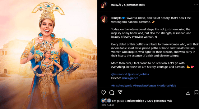 Staisy Huamansisa compartió un emotivo mensaje tras su debut en el Miss Mundo 2025. Foto: Instagram Staisy Huamansisa compartió un emotivo mensaje tras su debut en el Miss Mundo 2025. Foto: Instagram