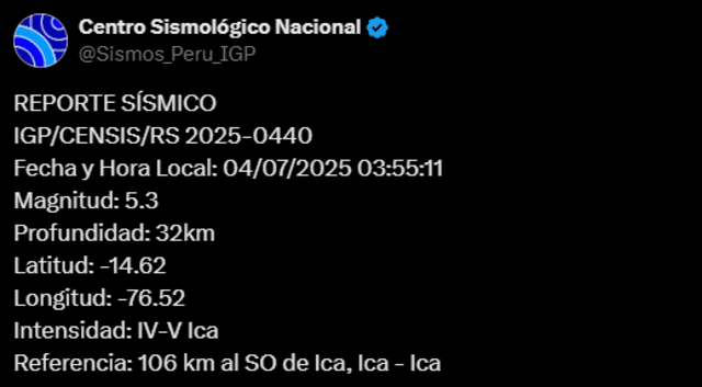 Sismo de magnitud 5.3 sacude Ica. Foto: IGP Sismo de magnitud 5.3 sacude Ica. Foto: IGP