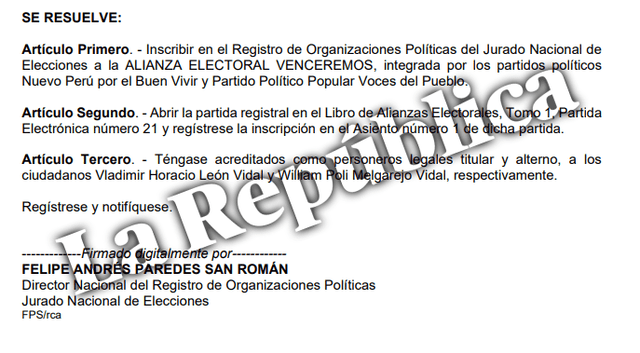 Resolución del JNE de la inscripción de la alianza 'Venceremos'. Resolución del JNE de la inscripción de la alianza 'Venceremos'.