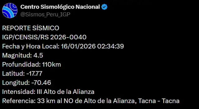  Temblor de magnitud 4,5 remeció Tacna hoy. Foto: IGP    