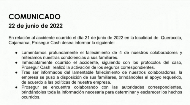 Comunicado Prosegur. Foto: captura ATV.