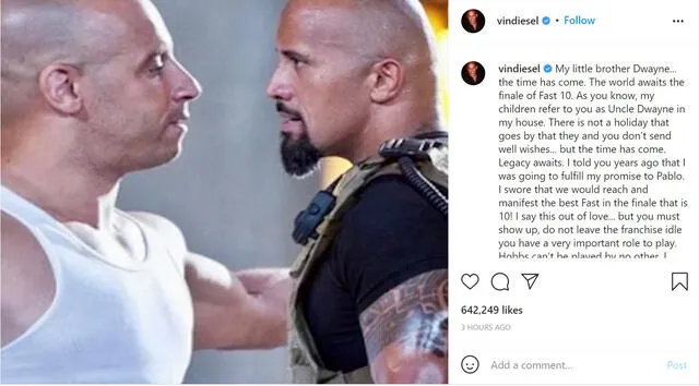Vin Diesel pide regreso de Hobbs. Foto: Instagram/@vindiesel
