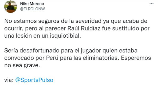 Ruidíaz fue cambiado por precaución. Foto: Twitter Niko Moreno