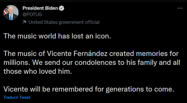 El mensaje de Joe Biden para Vicente Fernández. Foto: captura de Twitter