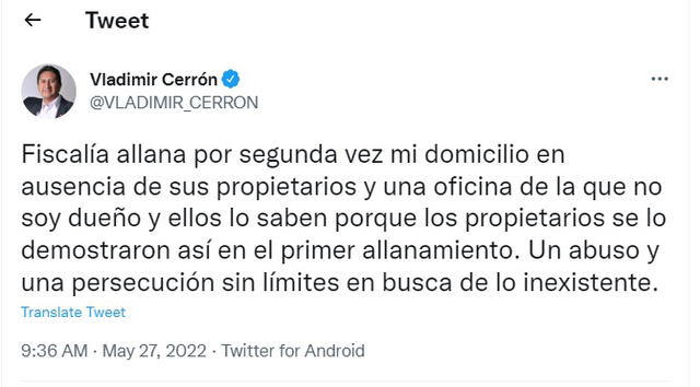 Vladimir Cerrón se pronunció a través de su cuenta de Twitter.