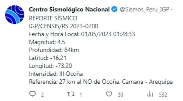 Datos del sismo en Arequipa. Foto: Centro Sismológico Nacional   