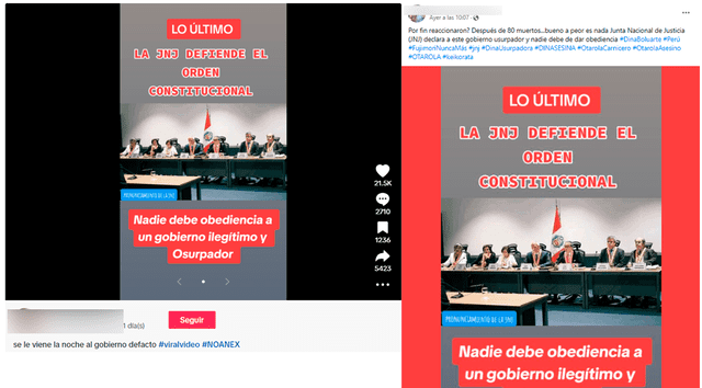  Desinformación sobre la Junta Nacional de Justicia. Foto: capturas en TikTok y Facebook.    